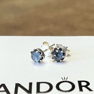 Pandora Sterling Silver Crown Earrings with Blue Gemstone
